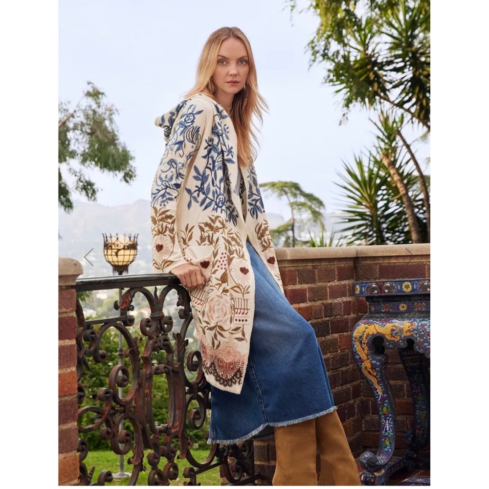 Biya Johnny Was Teresa Embroidered Hooded Cardigan Duster Ecru Bird Floral Small